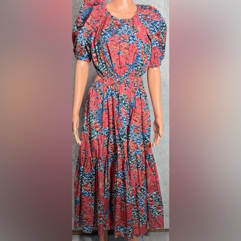 Ulla Johnson Coral and Blue Asymmetrical Floral Midi Dress - Picture 4 of 16
